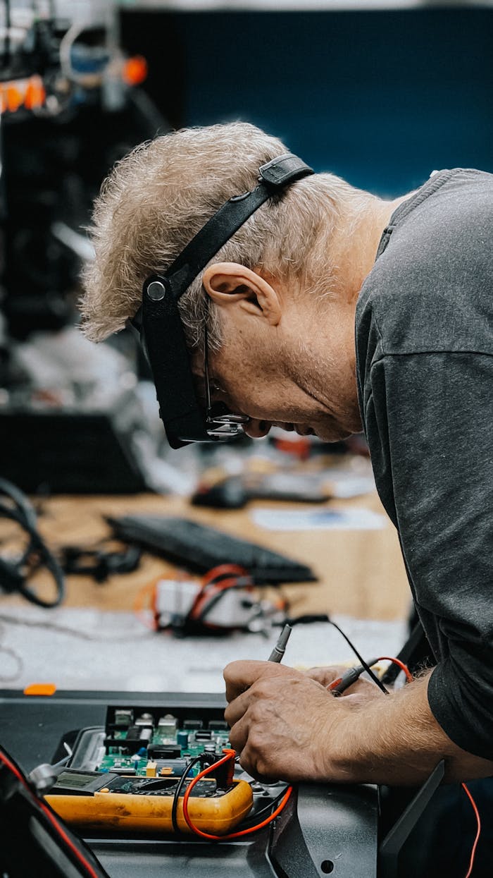 Elderly man working on electronic repair in a modern workshop wearing magnifying glasses.