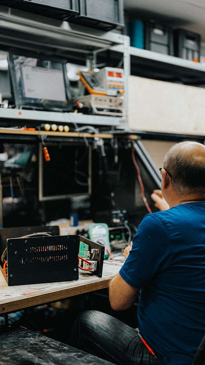 Technician working on electronics at a cluttered workbench in a modern workshop.