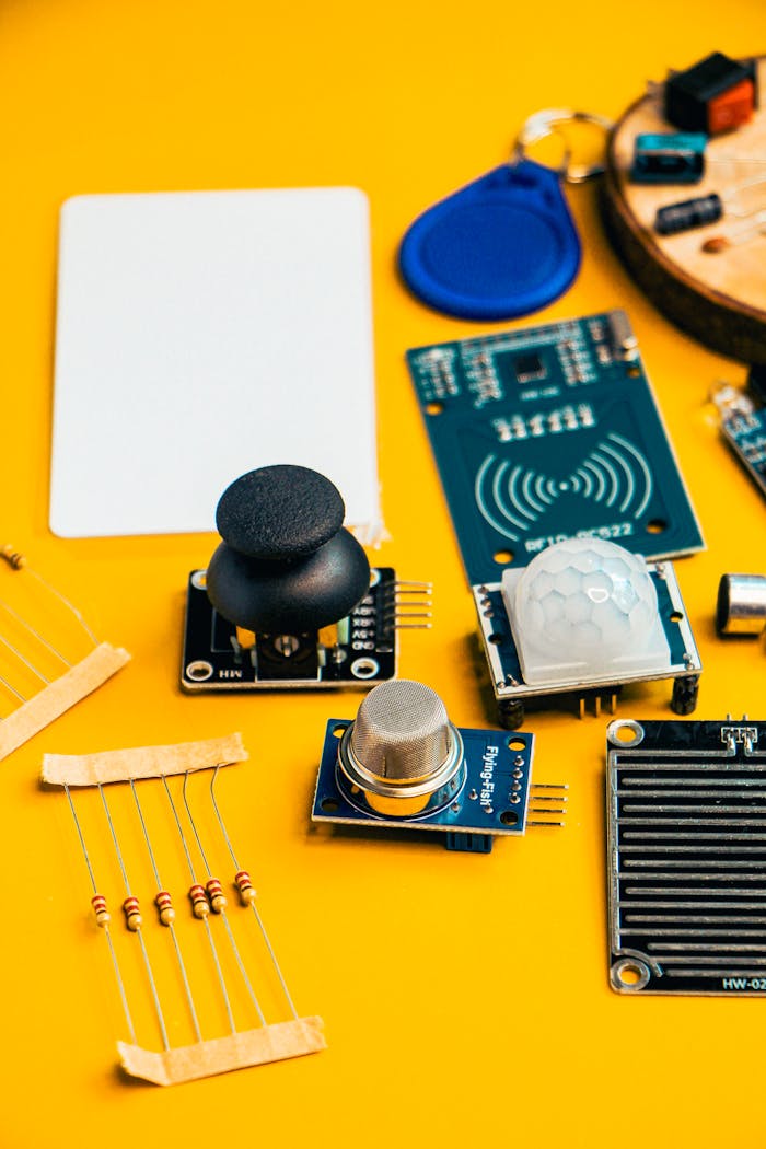 A top-down view of various electronic components and sensors on a vibrant yellow surface.
