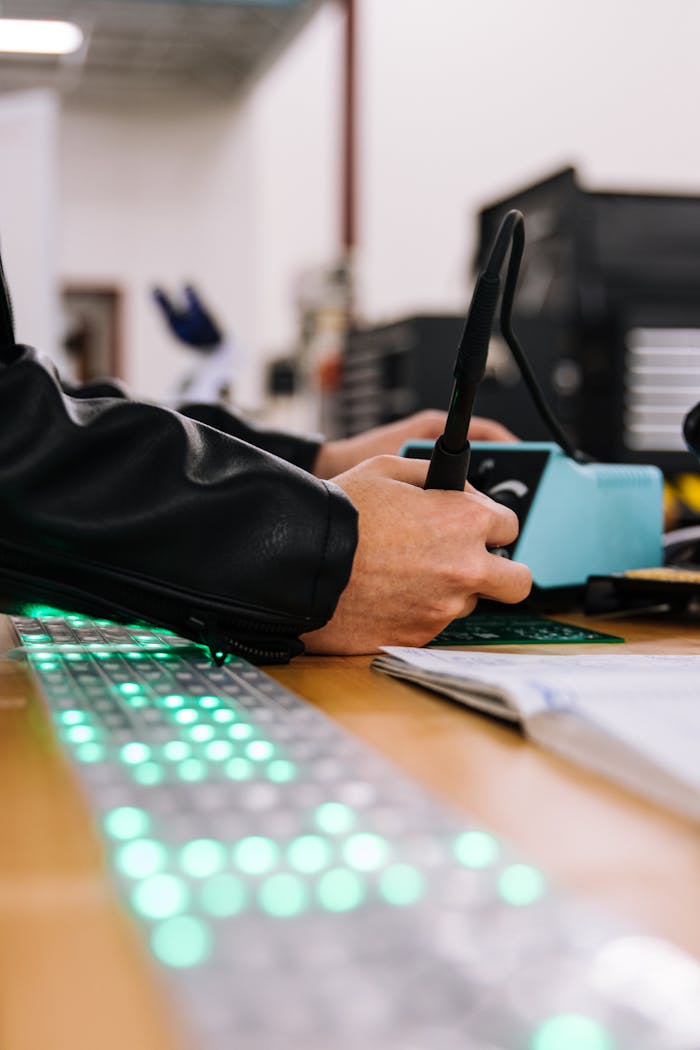 Close-up of a person working with electronic equipment on a table indoors.